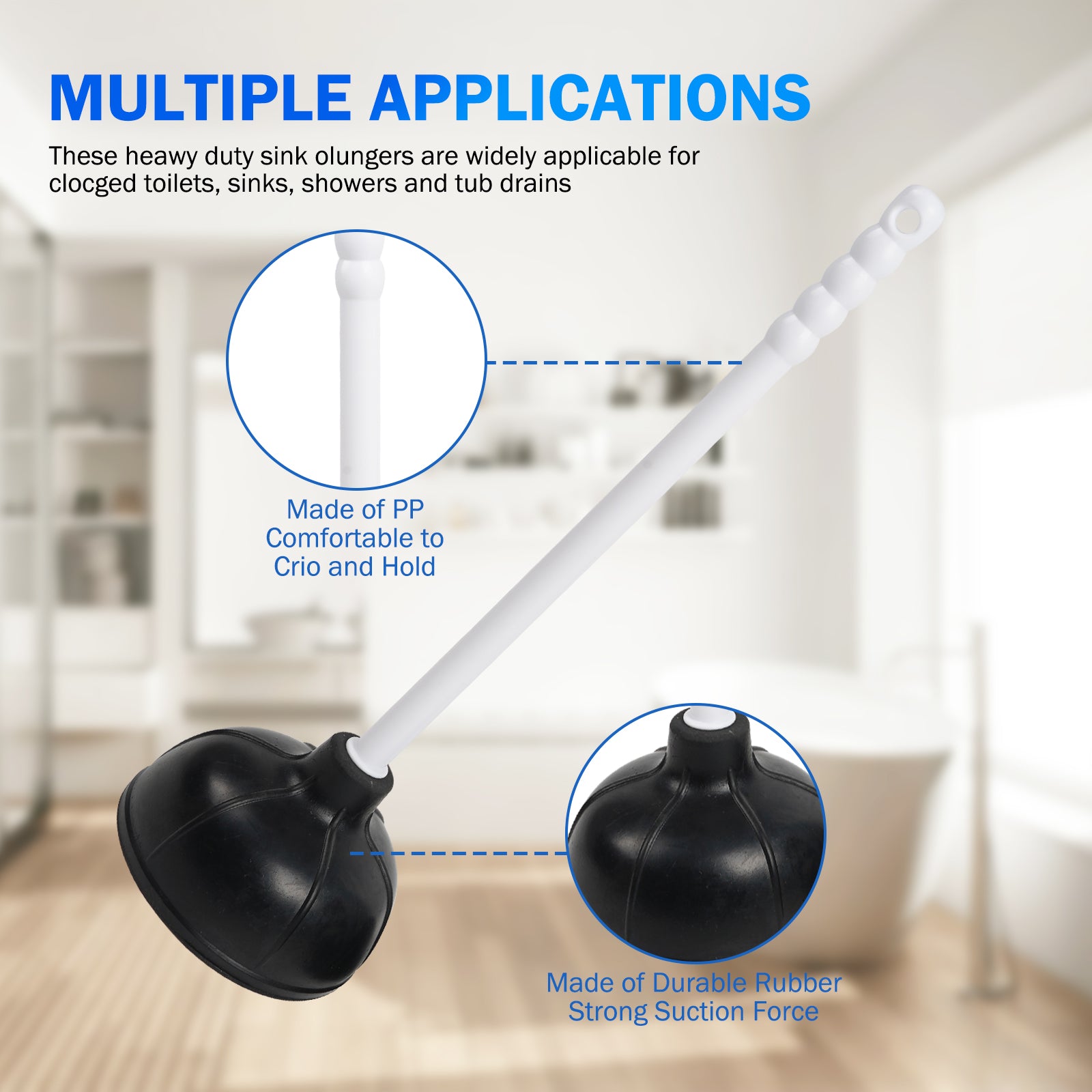 1/2 Pack Toilet Plunger, Heavy Duty Rubber Plunger with Long Handle for Bathroom Kitchen Drains