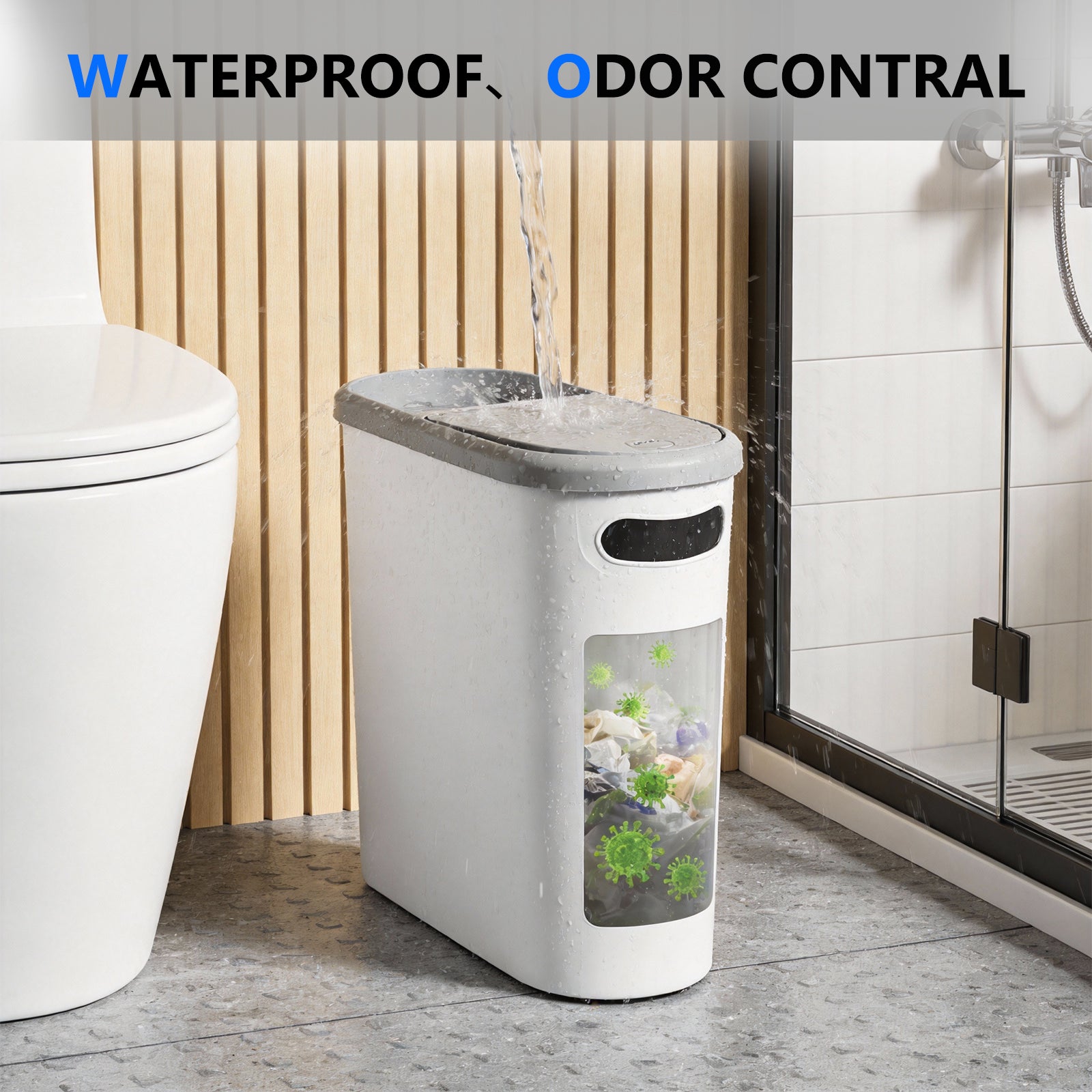2-Pack 10L Slim Trash Can with Press Lid - Odor Control, Waterproof for Bathroom & Kitchen