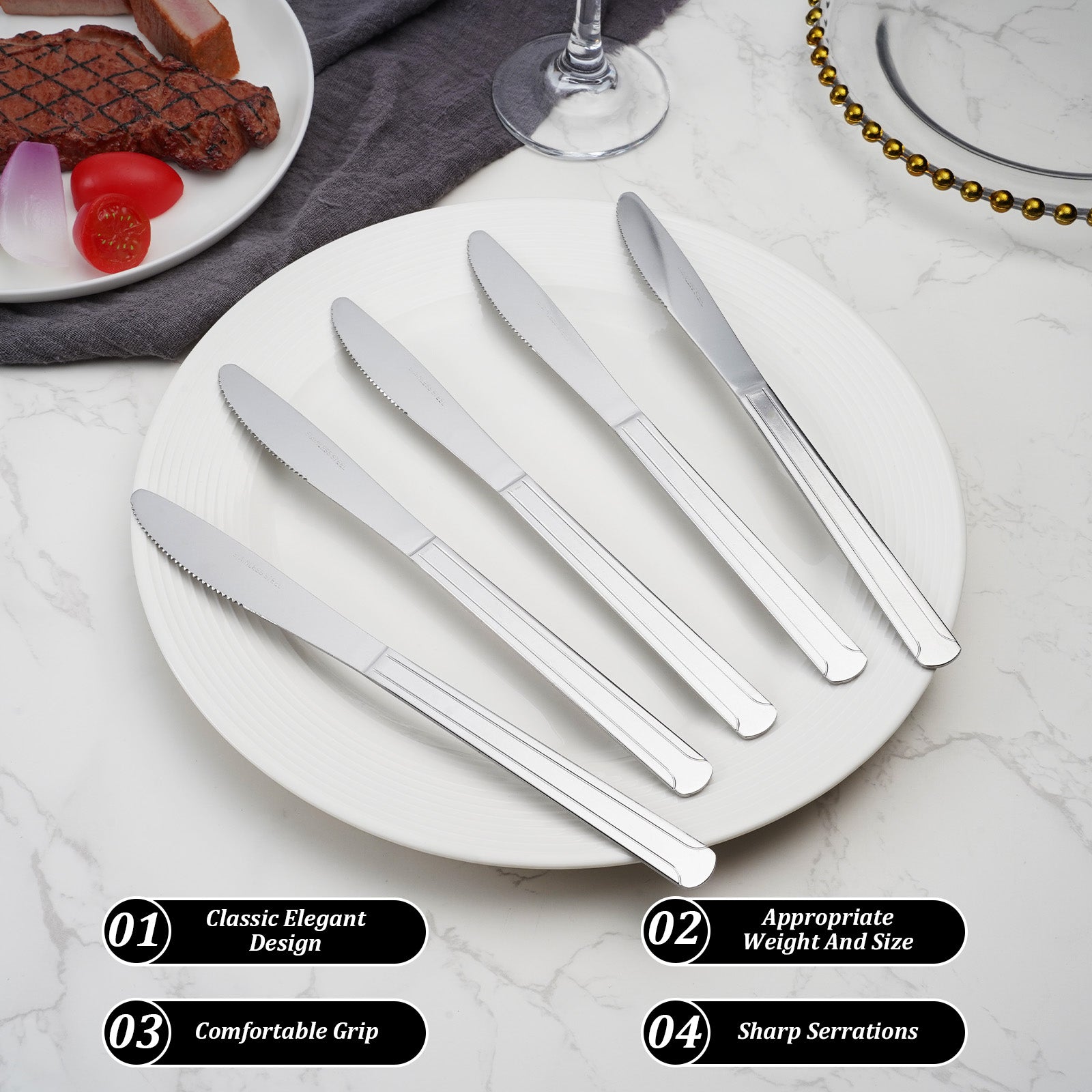 36-Piece Stainless Steel Dinner Knives, 8.6" Food-Grade Serrated Steak Knives for Home & Restaurant