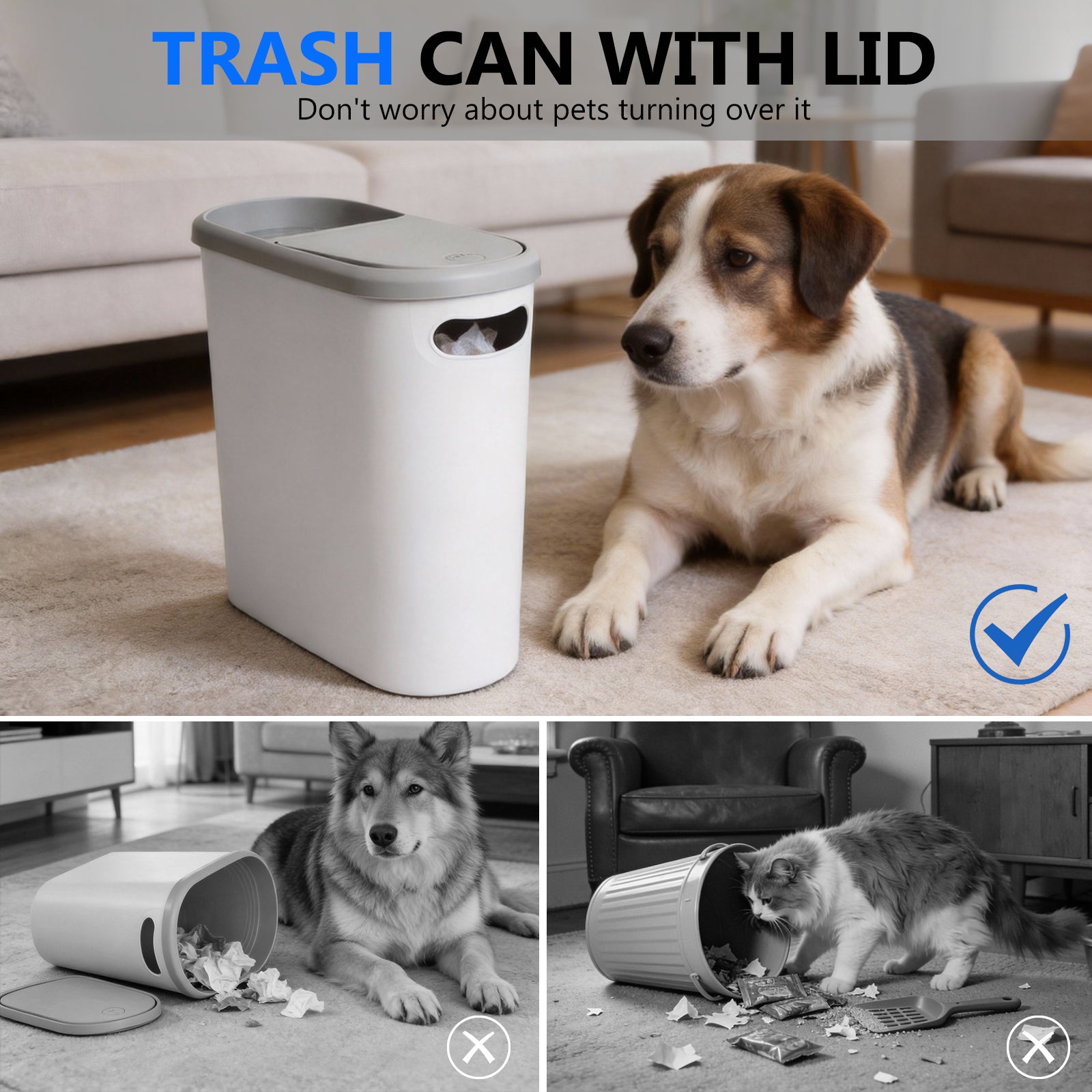2-Pack 10L Slim Trash Can with Press Lid - Odor Control, Waterproof for Bathroom & Kitchen