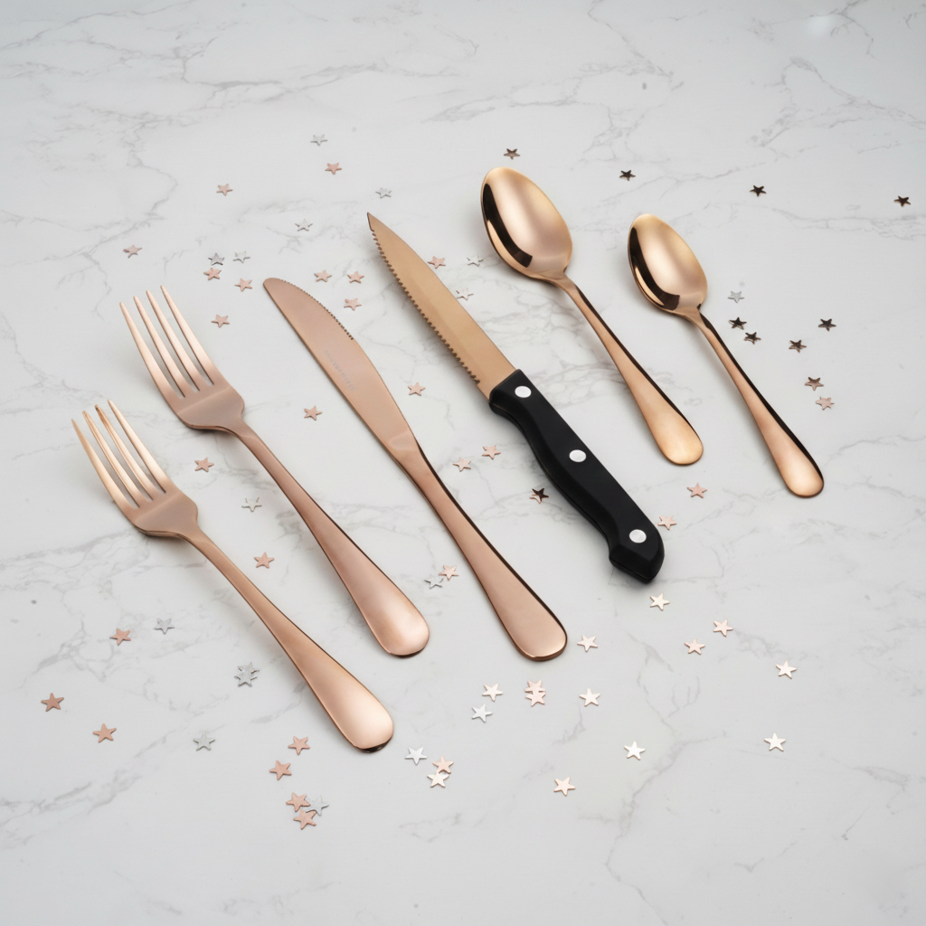 24-Piece Rose Gold Flatware Set with Steak Knives, Stainless Steel Silverware Set for 4, Ideal for Home and Kitchen