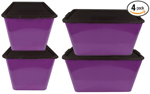 SIMPLYKLEEN 4-Pack Halloween Storage Totes with Lids (Purple/Black), 14.5 Gallon Organization Bins Holiday Organizer, Plastic Storage Container Made in the USA