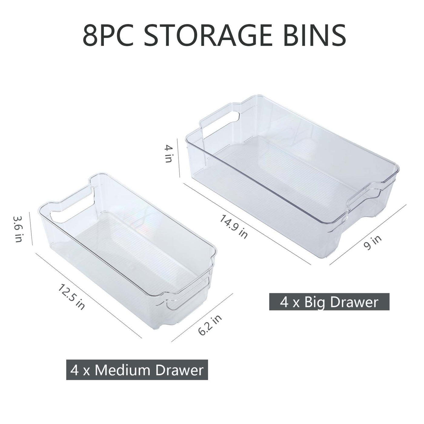 Set of 8 Home Pantry Organizer Bins - 4 Large and 4 Medium - Stackable Plastic Clear Food Storage Bin with Handles for Freezer