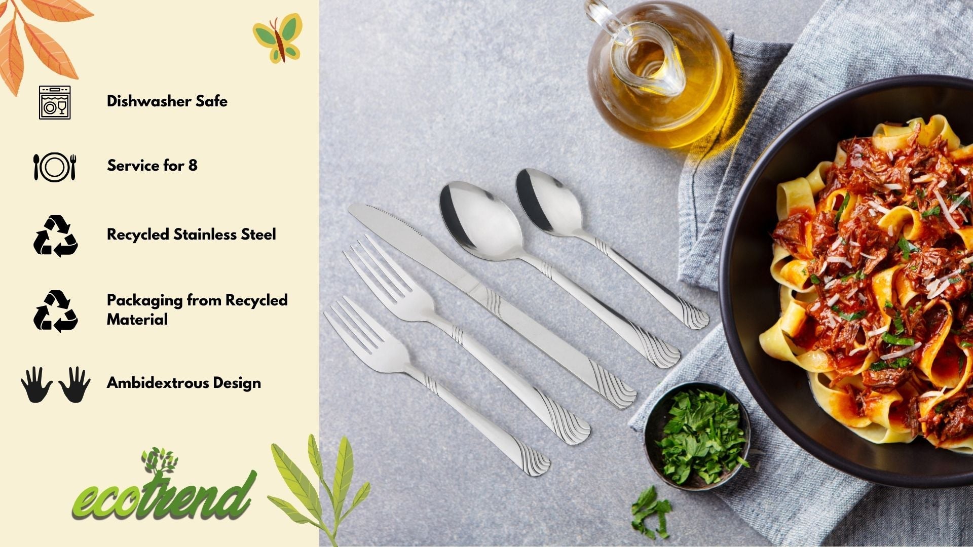 EcoTrend Swirl 48 Piece Black Recycled Stainless Steel and Packaging