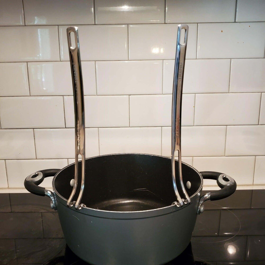 KitchenTrend 2-piece Side Rest Hanging Ladle & Slotted Spoon Strainer Set with Unique S-Curved Handles, Stainless Steel