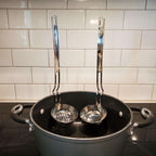 KitchenTrend 2-piece Side Rest Hanging Ladle & Slotted Spoon Strainer Set with Unique S-Curved Handles, Stainless Steel