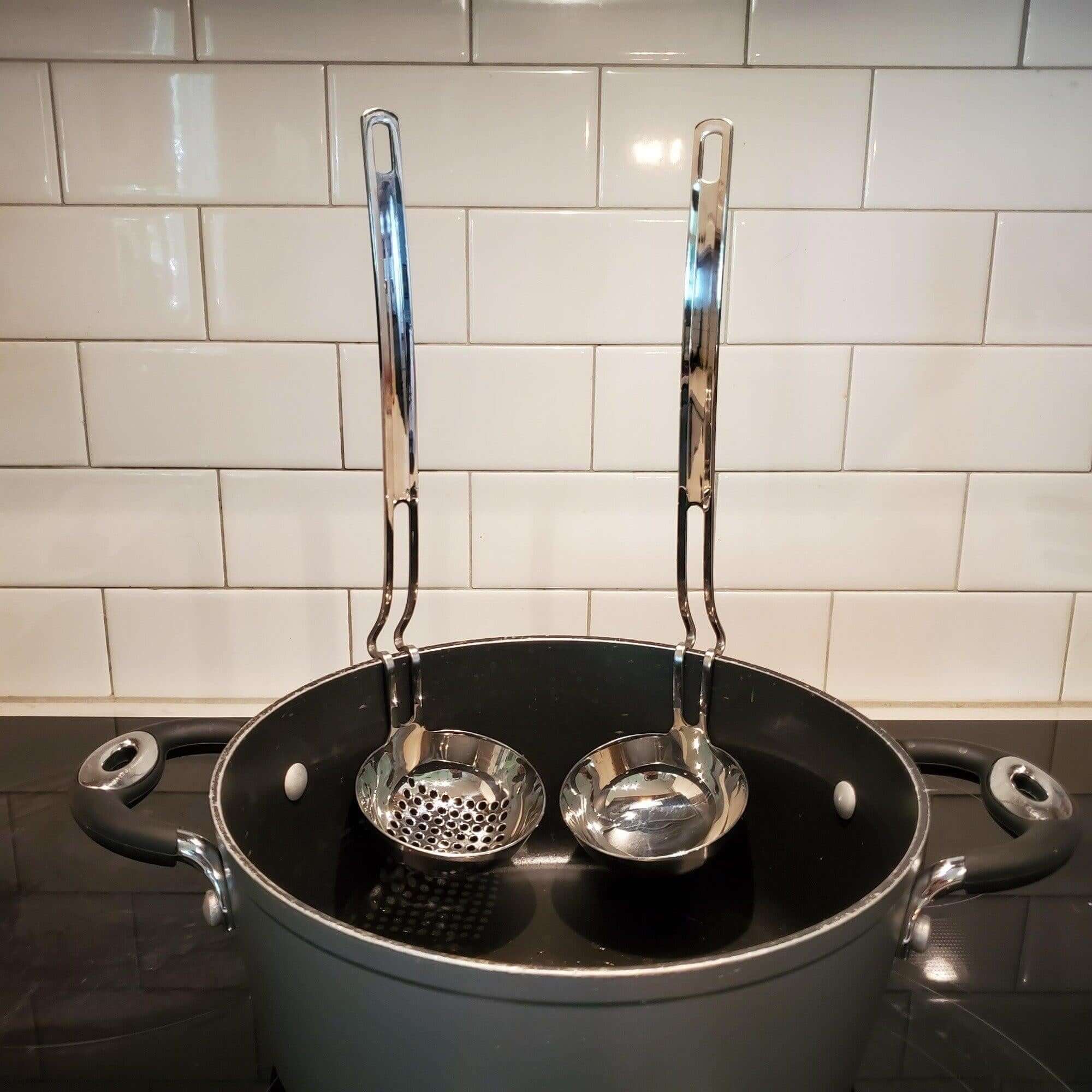 KitchenTrend 2-piece Side Rest Hanging Ladle & Slotted Spoon Strainer Set with Unique S-Curved Handles, Stainless Steel