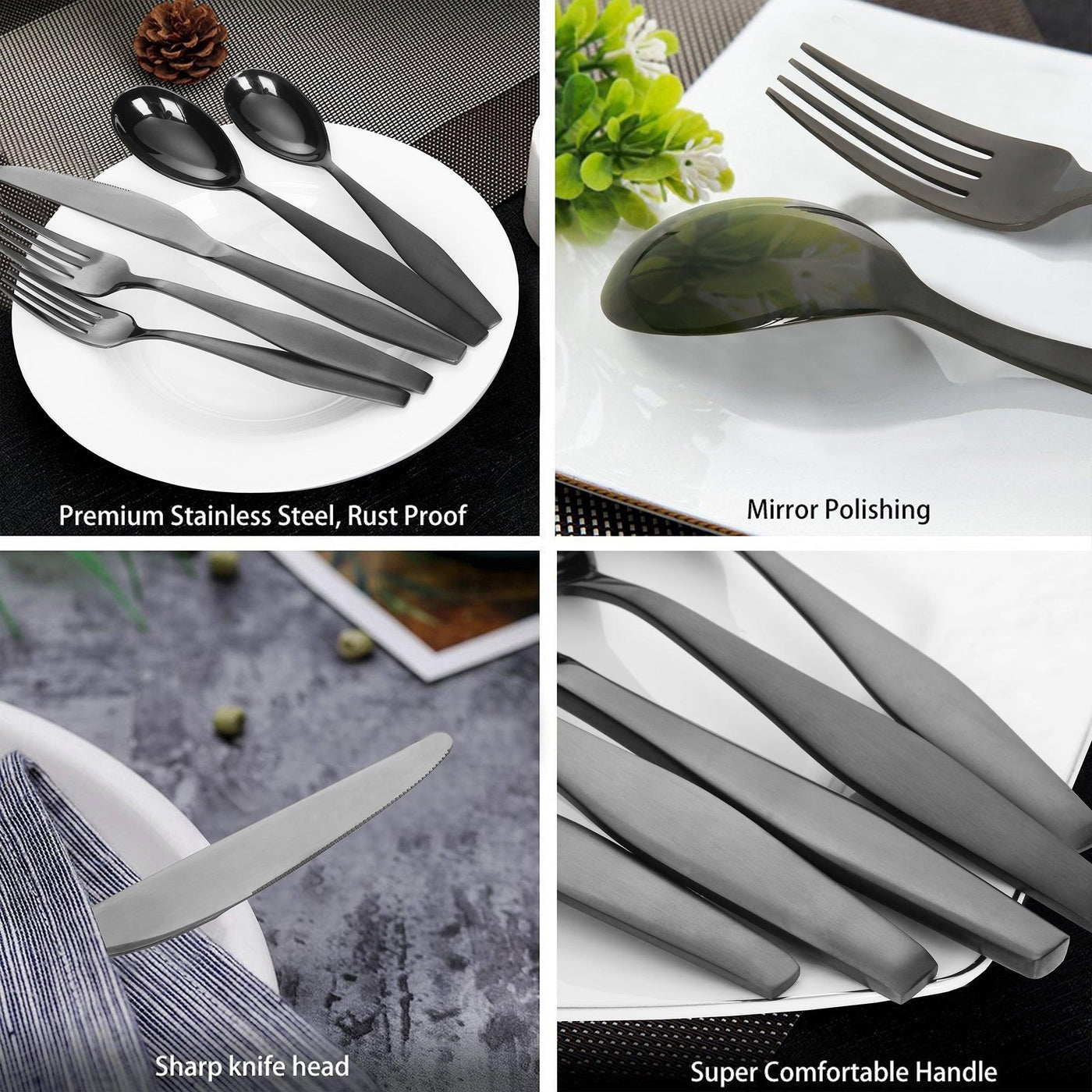 Lorena 20-Piece Stainless Steel Black Silverware Flatware Cutlery Set, Service for 4, Roald